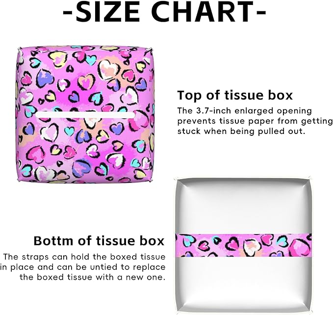 Colorful Heart Tissue Box Cover,Leopard Print PU Leather Tissue Box Holder Square,Modern Home Decoration for Bathroom Living Room Kitchen Office Car,5.2"×5.2"×5.2"