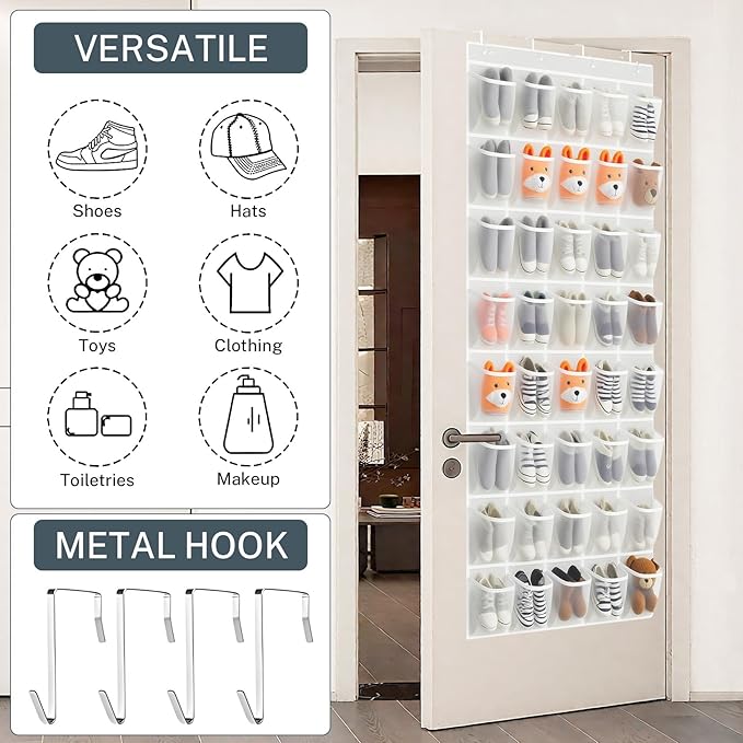 Hualleko 40-Pocket Over the Door Shoe Organizer - Large Mesh Pocket Hanging Shoe Rack for Door, Shoes Storage Holder Sturdy Non-woven Fabric - Stores 20 Pairs (White02)