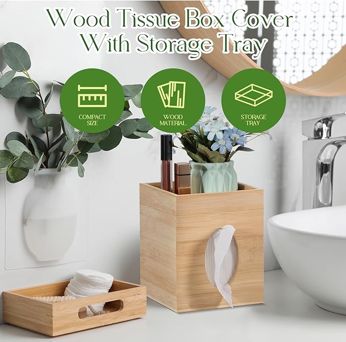 Tissue Box Cover, Bamboo Tissue Box Cover with Storage Tray Square Tissue Box Covers Holder for Bathroom, Bedroom, Dinner Table, Office, Tabletop 6" x 6" x 7.4"