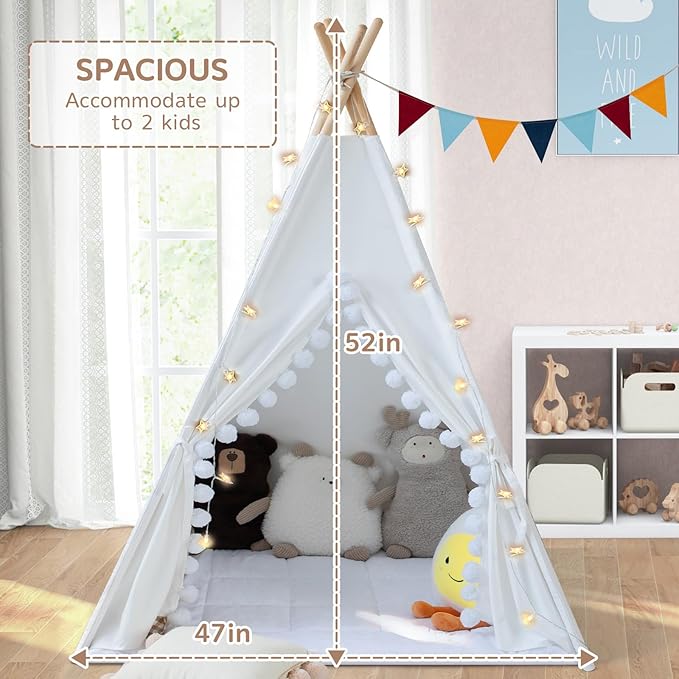 WIRHAO Teepee Tent for Kids with Padded Mat Cotton Canvas Kids Teepee with Pompom for Toddlers Indoor Play Tent for Girls Boys with Stars Lights, Carry Bag, Banner Flag (Snowman)