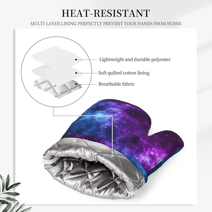 Galaxy Oven Mitts and Pot Holders Set of 4 Silicone Blue and Purple Galaxy Kitchen Mitten Gloves and Non-Slip Universe Theme Potholders Set Heat Resistant Oven Gloves Hot Holders for Kitchen