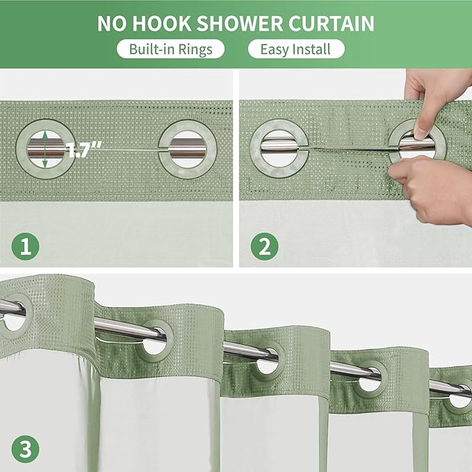 eachope No Hook Waffle Weave Shower Curtain with Snap-in Fabric Liner Set,Sage Green Shower Curtains for Bathroom with See Through Top Window,Water Repellent & Washable,71Wx74H