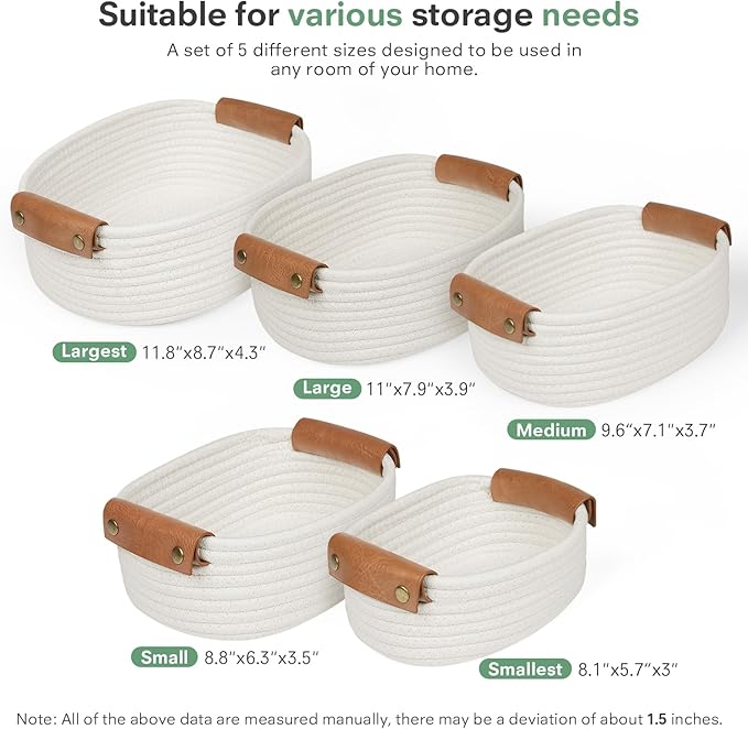 ECDYQXVU 5 Piece Storage Baskets Small Woven Basket with Detachable Leather Handle, Cotton Rope Shelf Baskets for Closet Organizers, Different Sizes Basket Decor, White