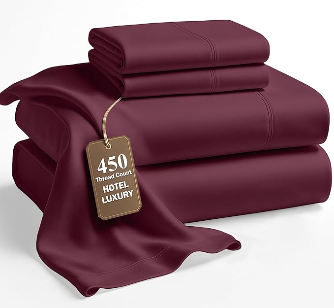 LANE LINEN 100% Cotton Full Size Sheets Set - 4 Pieces - Ultra Soft Sateen Weave, 450 Thread Count - Breathable, Cooling, Durable, 15" Deep Pockets - Windsor Wine