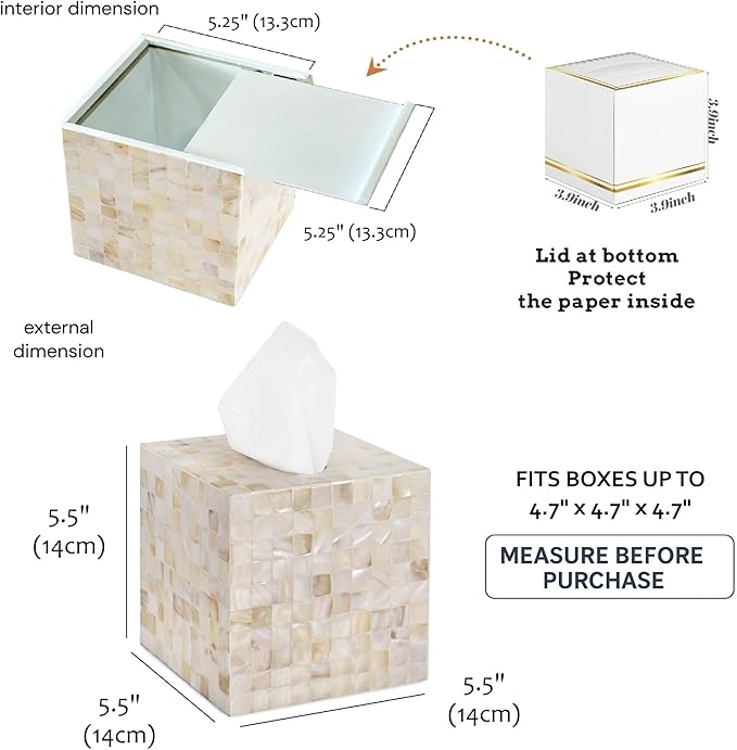 PEMAR Handcrafted Wooden Tissue Box Cover for Small Cube Tissue Boxes Only (Max Inner Size 4.7”) – Mother of Pearl Inlay Decorative Tissue Holder for Bathroom, Living Room & Office (White Sand)