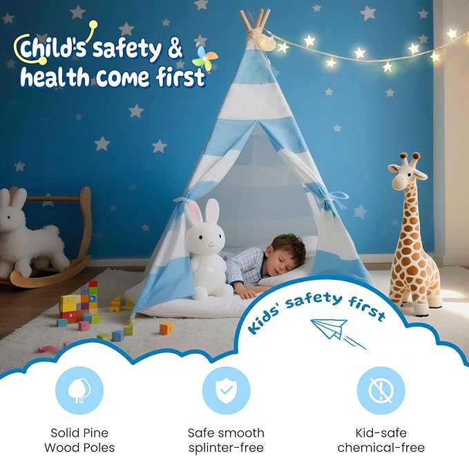 xiaowantong Teepee Tent for Kids with Padded Mat, Lights, and Carry Bag, Washable Playhouse for Indoor Use, Ideal Play Tent for Girls and Boys,Stripe Blue