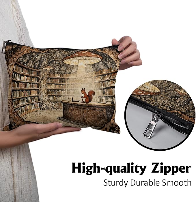 Cafl Forest Library Squirrel Makeup Bag Travel Large Mushroom Lamp Cosmetic Bag Organizer toiletry Essentials Jewelry Zipper Bag Gift For Women -10×8 inch