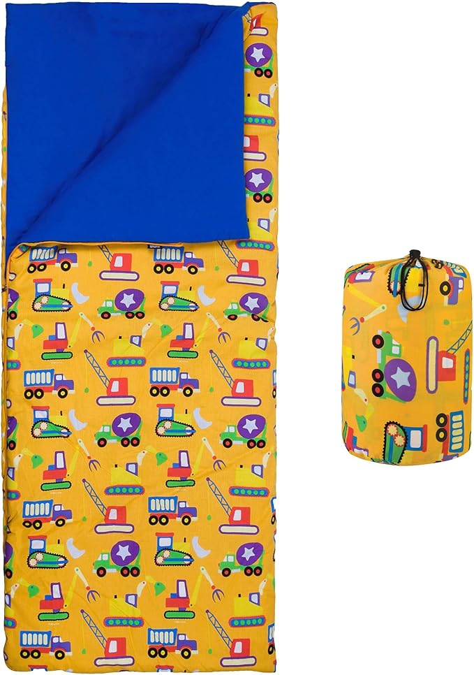 Wildkin Kids Sleeping Bag – Roll-Up Design with Storage Bag for School, Travel & Camping - Under Construction