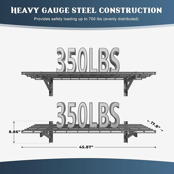 Jusgym 2 Pack Heavy Duty Garage Wall Shelving Set (1.5x4ft), Wall Mounted Garage Shelves 700lbs Capacity, 18"x48" Shelf Storage Rack Floating Shelves, Black
