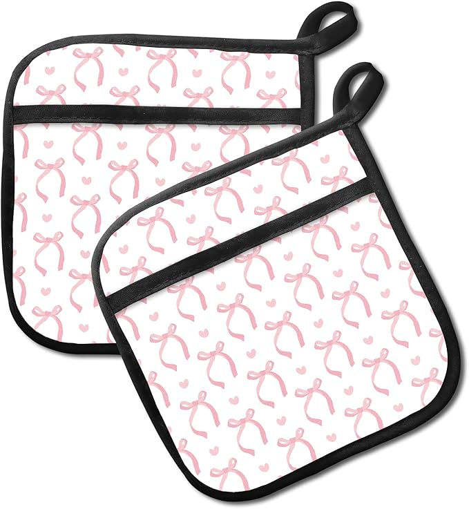 2 Pack Pot Holders for Kitchen Clearance, Cute Hot Pads, Funny Oven Pot Holders, Potholders Sets for Kitchen Heat Resistant Cute Pink Bowties