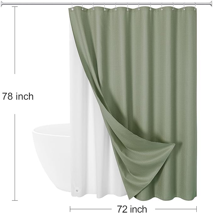 Craidlela 3 in 1 Long Shower Curtain Set-72 W x 78 H, Sage Green Waffle and PEVA Liner Set with 12 Stainless Steel Hooks, Waterproof Fabric for Bathroom
