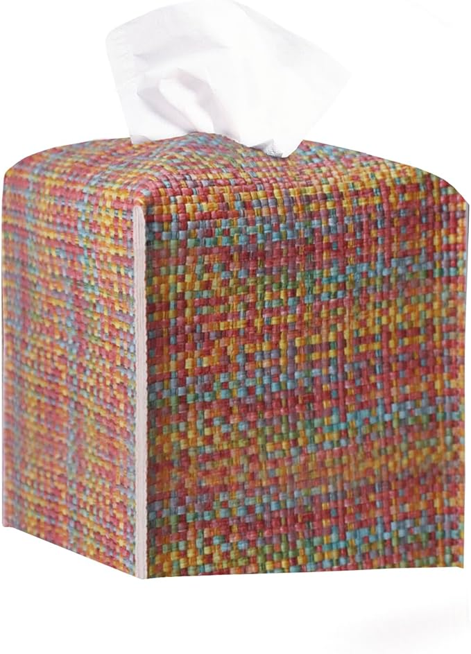 Tissue Box Cover, PU Leather Tissue Box Holder with Bottom Belt, Modern Square Tissue Box Covers with Wide Opening (Dark Mix Color, Woven Patterns)