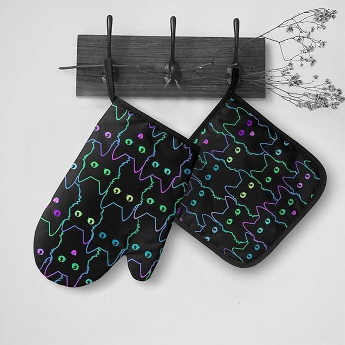 Cute Cat Silhouettes Oven Mitts and Pot Holders Insulated Gloves & Kitchen Counter Safe Mats for Cooking BBQ Baking Grilling (2-Piece Set)