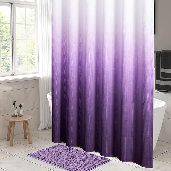 MitoVilla Purple Ombre Waffle Small Stall Shower Curtain 36 x 72, Half Size Fabric Narrow Shower Curtains for Bathroom Decor, 36 inch Weighted Shower Curtain Set with Plastic Hooks