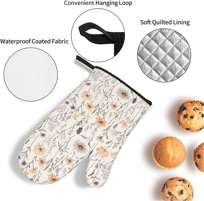 Oven Mitts and Pot Holders Sets of 4 Vintage Botanical Flower Leaf Kitchen Potholder Gloves Heat Resistant Non-Slip for Chef Baking Cooking Grilling BBQ Mittens