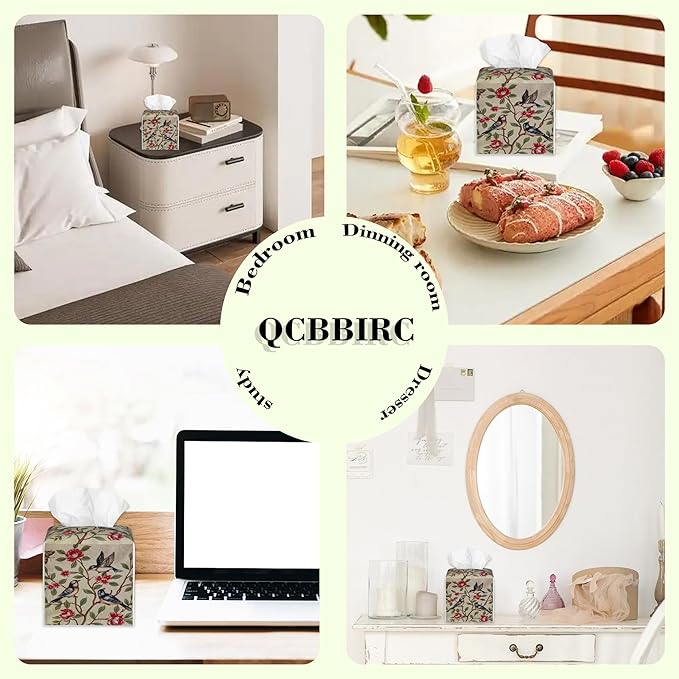 Pink Floral Butterfly and Bird Tissue Box Cover Square Leather Tissue Holder Waterproof Facial Paper Organizer Dispenser Cube Paper Cover Case for Home Office Bathroom Vanity Countertop