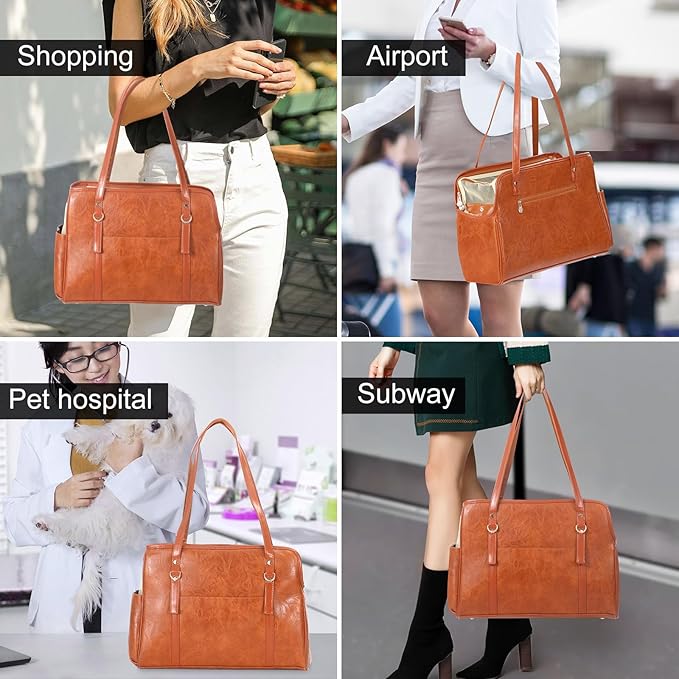 Lasaviin Dog Carrier Purse, Fashion Leather Pet Carrier with Pockets, Airline Approved Soft Sided Dog Carrying Bag for Puppy Cat Dog Brown
