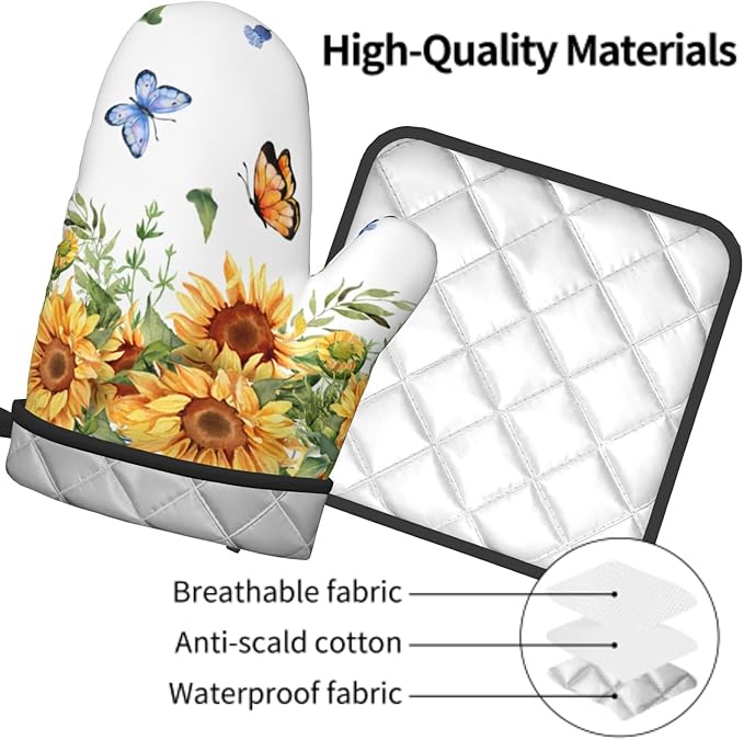 Sunflower Oven Mitts and Pot Holders Sets Yellow Floral Butterfly Oven Mitts Heat Resistant Blue Boho Farmhouse Spring Summer Decorative Oven Gloves Hot Pad for Kitchen Cooking Baking Grilling Dining