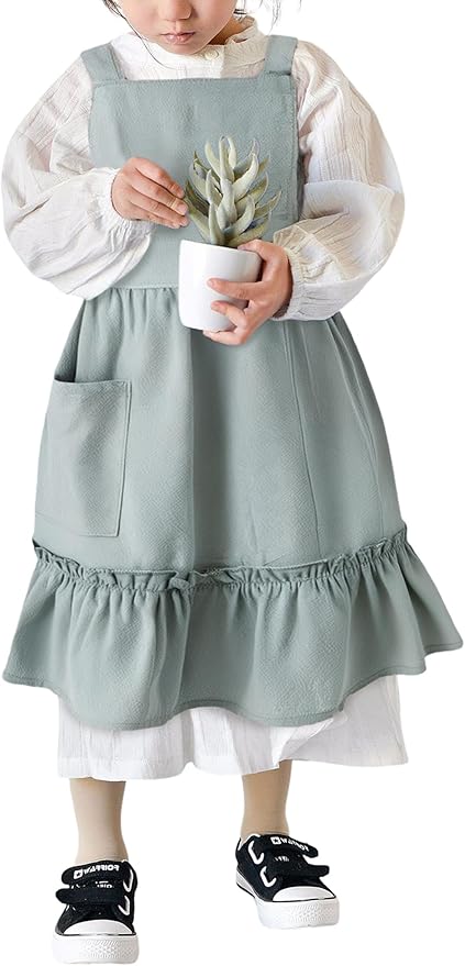 IWEMEK Kids Aprons for Girls Cooking Child Cotton Linen Apron Dress with Pockets Art Baking Gardening Painting Apron Pinafore
