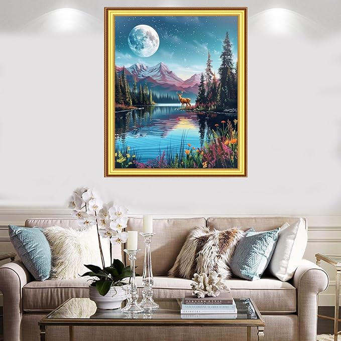 Foxnyart Stamped Cross Stitch Kits Full Range of Embroidery Needlework Starter Kits for Beginners Adults 11CT Embroidery Patterns Art Crafts DIY Needlepoint Kit-Forest Moon Scenery 16x20 inchs