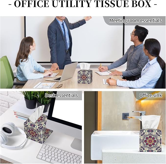 PVC Tissue Box Cover Holder,Mandala Square Decorative Organizer,5.2"X5.2"X5.2"Tissue Case for Bathroom,Tabletop,Car,Office