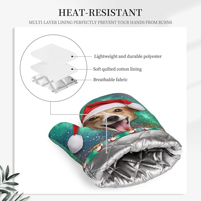 Funny Dog Eating Pizza Oven Mitts and Pot Holders Sets, Home Silicone Heat Resistant BBQ Gloves for Kitchen Baking Cooking Grilling Microwave
