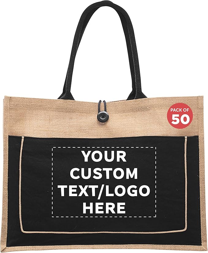DISCOUNT PROMOS Custom Jute Tote Bags with Cotton Pocket Set of 50, Personalized Bulk Pack - Reusable, Great for Picnic, Camping, Beach, Outdoor Activities - Black