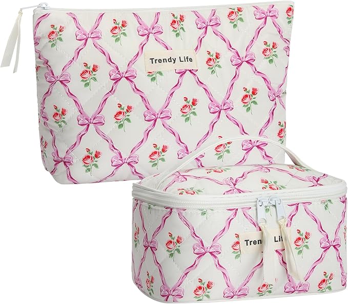 HAOGUAGUA 2 Pieces Makeup Bag, Small Large Quilted Cosmetic Bag, Travel Floral Make Up Toiletry Organizer Bag for Women Girls (2PCS STYLE B-4)