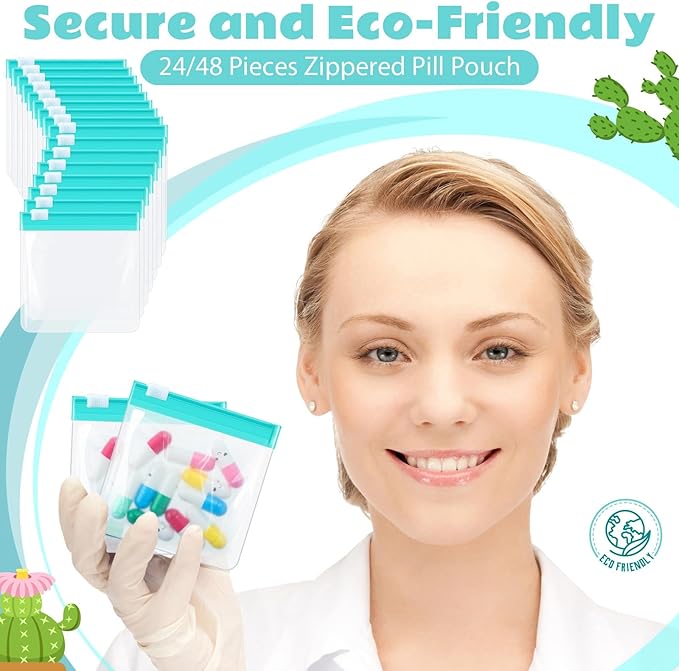 24 Pieces Pill Pouch Bags Zippered Set Reusable Translucent Medicine Organizer Sealing Travel Plastic Bags with Slide Lock for Storage(Turquoise)