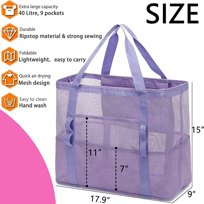 Fammart Mesh Beach Bag, Large Beach Tote Bags with Zipper, Toys Pool Bag for Family Travel Vacation Cruise Essentials
