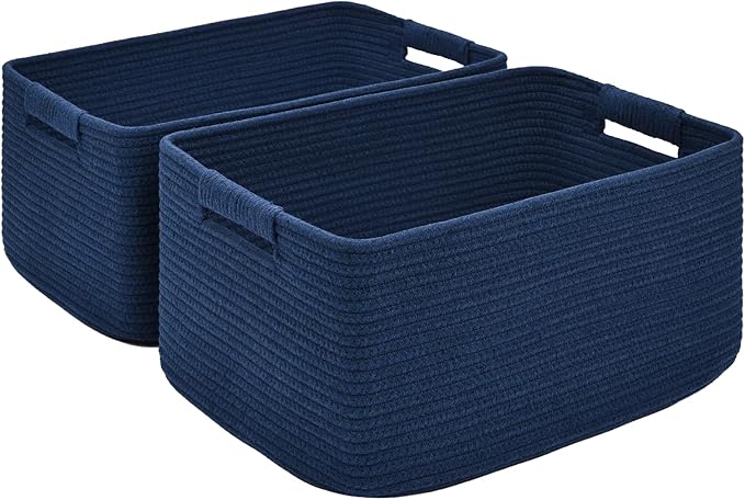 2 Pack Large Storage Basket for Organizing, 17.5"x13.5"x7.5" Woven Basket for Shelves, Closet Cube Storage Bins with Wrapped Handle, Cotton Rope Baskets for Kitchen, Clothes, Toys(Navy Blue)