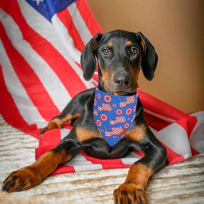 PTDECOR American Flag Dog Bandana White and Blue Flag Patterns, 4th of July Pet Scarf Reversible Triangle Patriotic Bandanas for Medium Large Dogs Pets (Large)