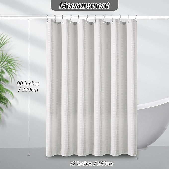 PANGSINNE White Shower Curtain for Bathroom 90 Inches Long, Waffle Textured Heavy Duty Extra Long Waterproof 256GSM Weighted Beige Shower Curtains with 12 Metal Hooks, 72Wx90H