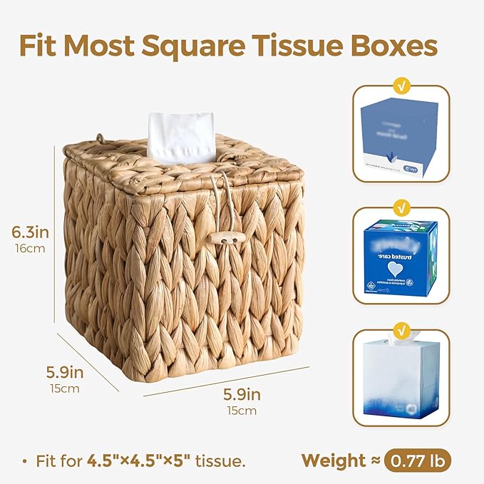 KALEKAIL Rattan Tissue Box Cover with Lid, Wicker Tissue Box Holder Square, Boho Decorative Woven Water Hyacinth Cube Tissue Holders for Bathroom