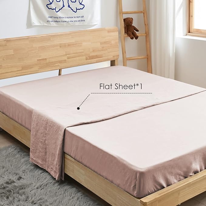 Sijo Stone Washed Organic French Linen Bed Sheet Set, GOTS Certified Organic, Best Cooling Linen Sheet Award by Sleep Foundation, 1 Flat Sheet Only (Blush, King/Cal King)