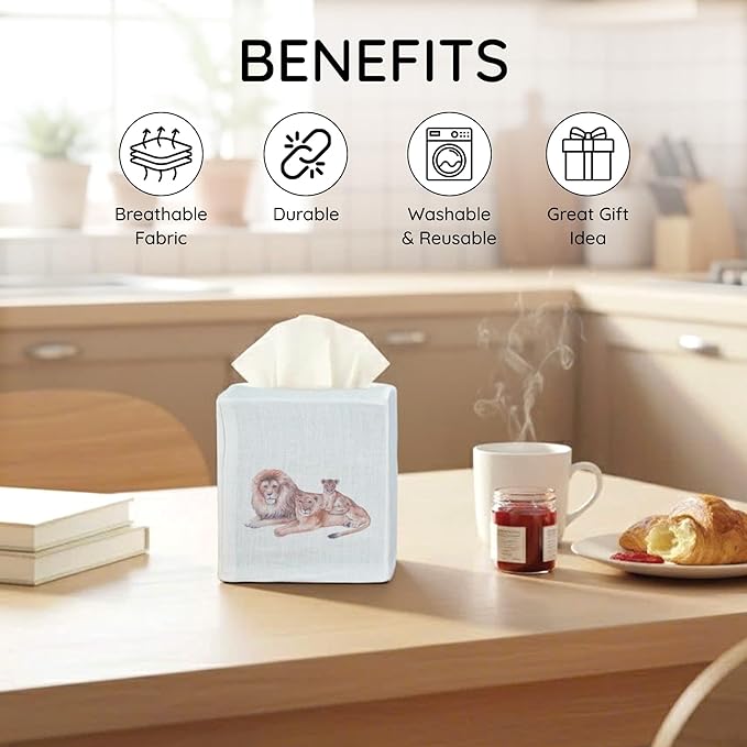 EmbroideryLinen.VN Tissue Box Cover Set of 2, Square Linen Tissue Holder, Printed Animal Pattern, 4.5x4.5x5.5 Inches, Decorative Holder for Bathroom, Living Room, Office (Lion Love)