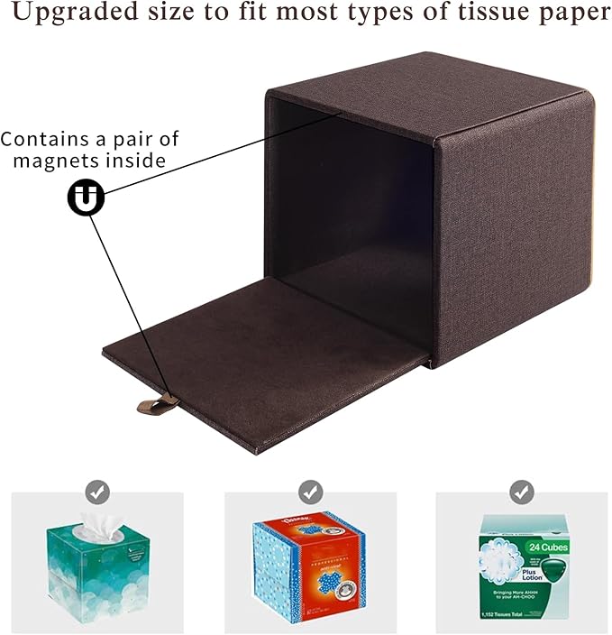 RHCSZ Linen Square Tissue Box Cover,Cube Tissue Box Holder－Excellent Rosegold Leather Decoration,Table Napkin Case Dispenser,Facial Tissues Organizer with Magnetic Bottom for Home Office Car(Coffee)