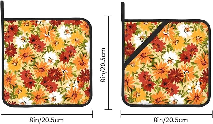 2 Pieces Floral Daisy House Pot Holders for Kitchen Heat Resistant, 2pc Decorative Flower Pot Holder Set, Fashionable Pot Holders for Kitchen and Baking (Orange)