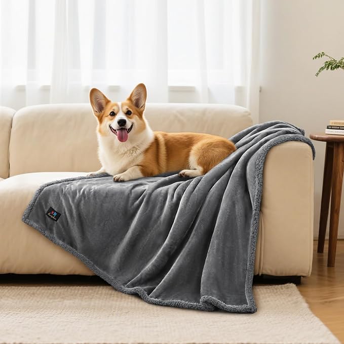 Luciphia Waterproof Bed Blanket Washable, Soft Sherpa Fleece Puppy Reversible Throw Blankets for Medium Large Dog Cat, Furniture Cover Protector Couch from Liquid Pee and Pet Fur, Light Grey,65" x 57"