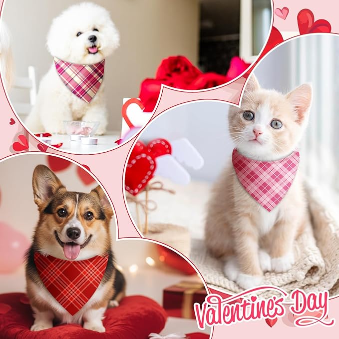 Abbylike 50 Pcs Valentines Day Plaid Dog Bandanas Bulk Pink Red Bandanas for Dogs Triangle Kerchief Bibs Scarf for Pet Romantic Costume Photo Props Accessories Pet Shops Groomers (19.7 x 13.8 x 13.8)