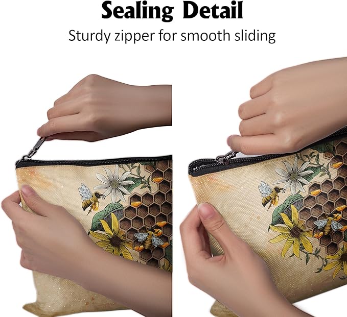 Cafl Retro Bee Makeup Bag Travel Large Honey Hive Cosmetic Bag Organizer toiletry Essentials Jewelry Zipper Bag Gift For Women -10×8 inch