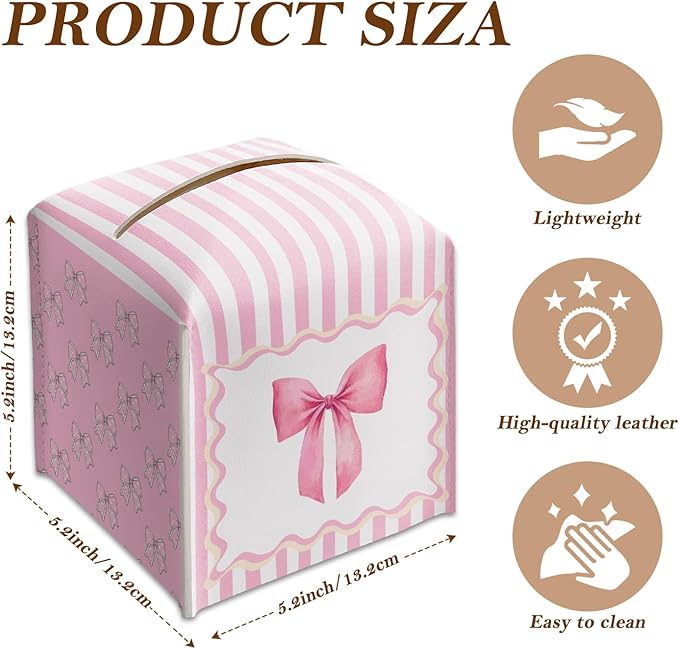 Cute Pink Bow Stripes Tissue Box Cover Square, Leather Tissue Holder with Bottom Belt, for Nightstands Desks Office Bathroom Car Vanity Home Decor Supplies -010