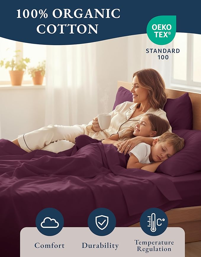LANE LINEN 100% Organic Cotton Sheets Queen Size, Classic Percale Weave Fully Elasticized Breathable Queen Cotton Sheet Set, Machine Washable Soft & Comfy Queen Sheet Set - Windsor Wine