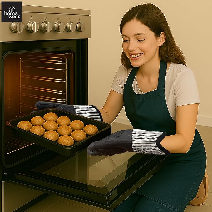 Homewear Marlow Silicone Extra Long Oven Mitt 2 Piece Set, Heat and Slip Resistant, Recycled Cotton with Soft Lining, Thick Kitchen Gloves for Cooking, Black