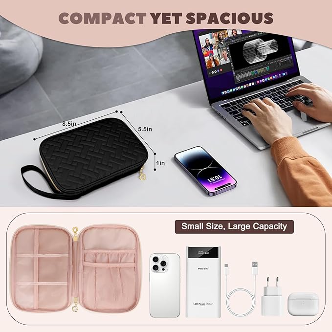 Electronics Organizer Travel Case, Charger Bag Cord Organizer Travel, Compact Tech Pouch Cable Organizer Bag for Charger, Cords, Phone, Headphones, Flash Drive, SD Card (Black, Small-Single Layer)