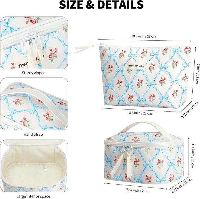 HAOGUAGUA 2 Pieces Makeup Bag, Small Large Quilted Cosmetic Bag, Travel Floral Make Up Toiletry Organizer Bag for Women Girls (2PCS STYLE B-3)