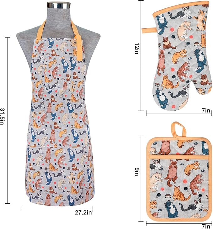 Oven Mitts and Pot Holders with Chef Apron,Set of 5 Heat Resistant Kitchen Gloves and Silicone Non-Slip Potholders Adjustable Neck Buckle Chef Apron, Cotton Nice Design for Cooking (Cat)