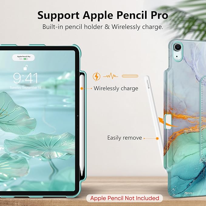 Fintie Rotating Case for iPad Air 13-inch (M3) 2025, (M2) 2024-360 Degree Swiveling Protective Stand Cover with Pencil Holder, Auto Wake/Sleep, Emerald Marble
