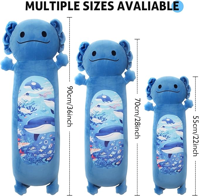 36 inch Long Axolotl Plush Body Pillow, Giant Cute Blue Ocean Axolotl Stuffed Animals, Big Salamander Squishy Soft Plushies Toy, Gifts for Kids Girls and Boys, Birthdays, Halloween, Christmas