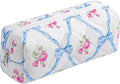 WHHJM Cute Floral Makeup Brush Bag Small Cotton Quilted Cosmetic Bag for Women Travel Toiletry Zipper Make Up Pouch (Blue Bowknot Rose)
